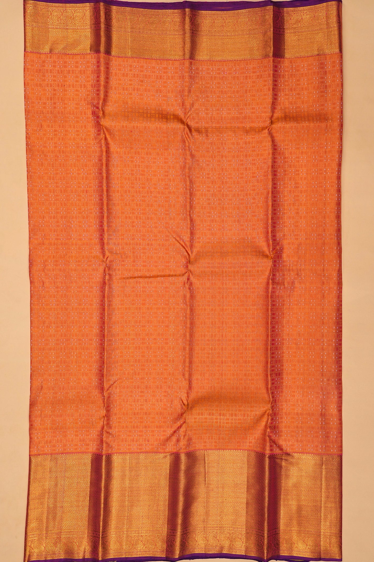 Kanchipuram Silk Checks And Butta Orange Saree