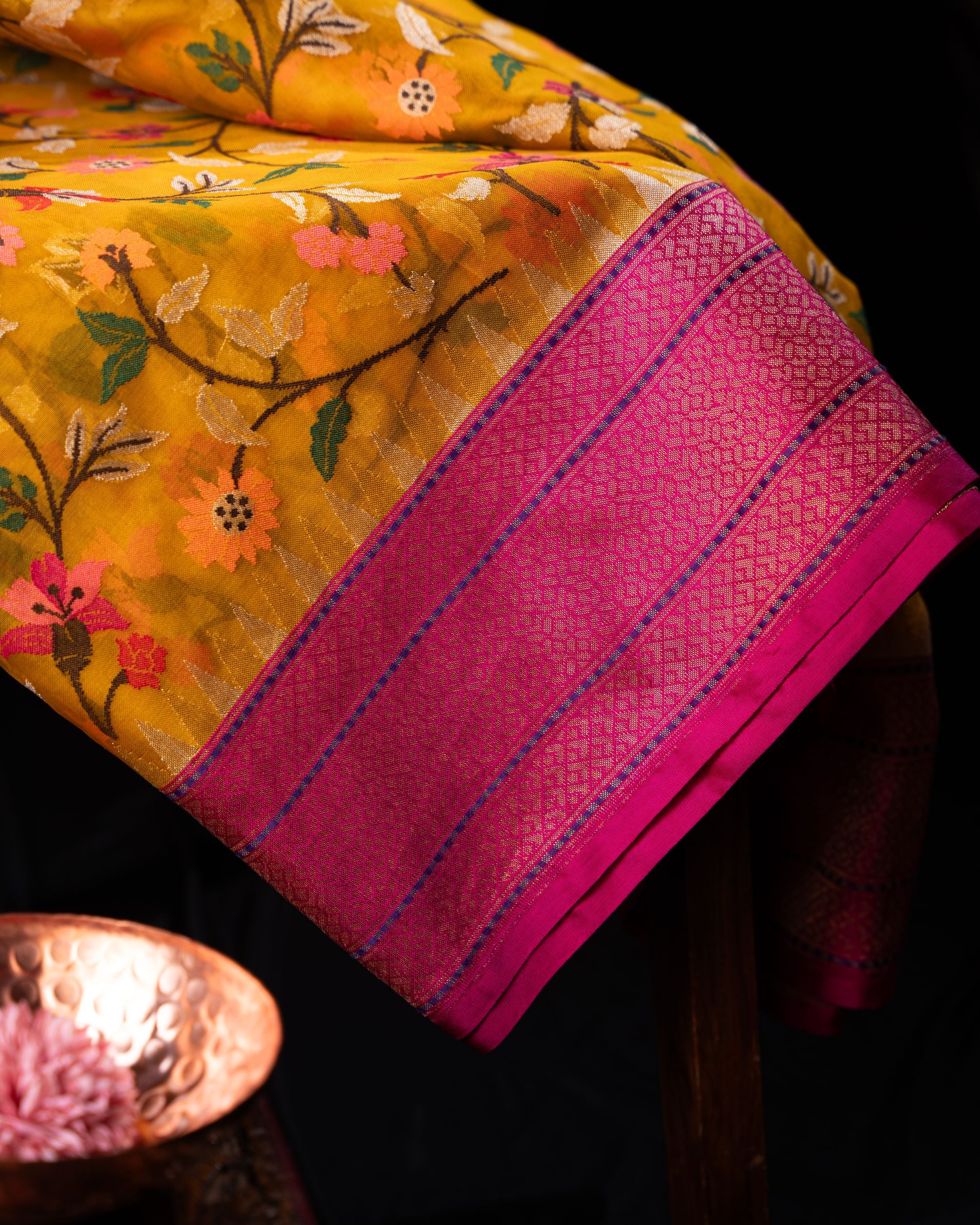 Banarasi Kora Organza Jamdani All Over Mustard Yellow Saree