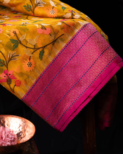 Banarasi Kora Organza Jamdani All Over Mustard Yellow Saree
