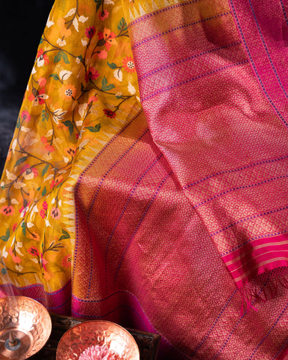 Banarasi Kora Organza Jamdani All Over Mustard Yellow Saree