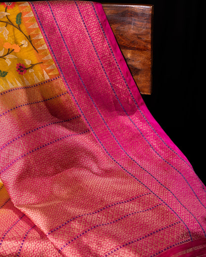 Banarasi Kora Organza Jamdani All Over Mustard Yellow Saree