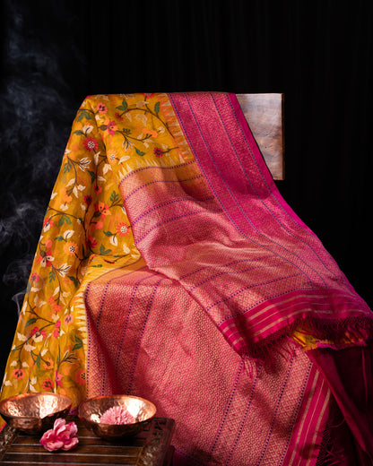 Banarasi Kora Organza Jamdani All Over Mustard Yellow Saree