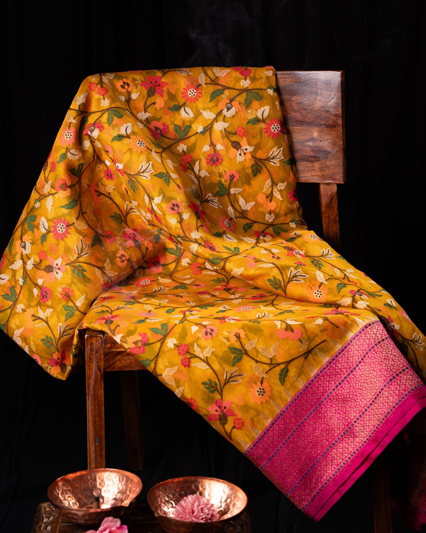 Banarasi Kora Organza Jamdani All Over Mustard Yellow Saree
