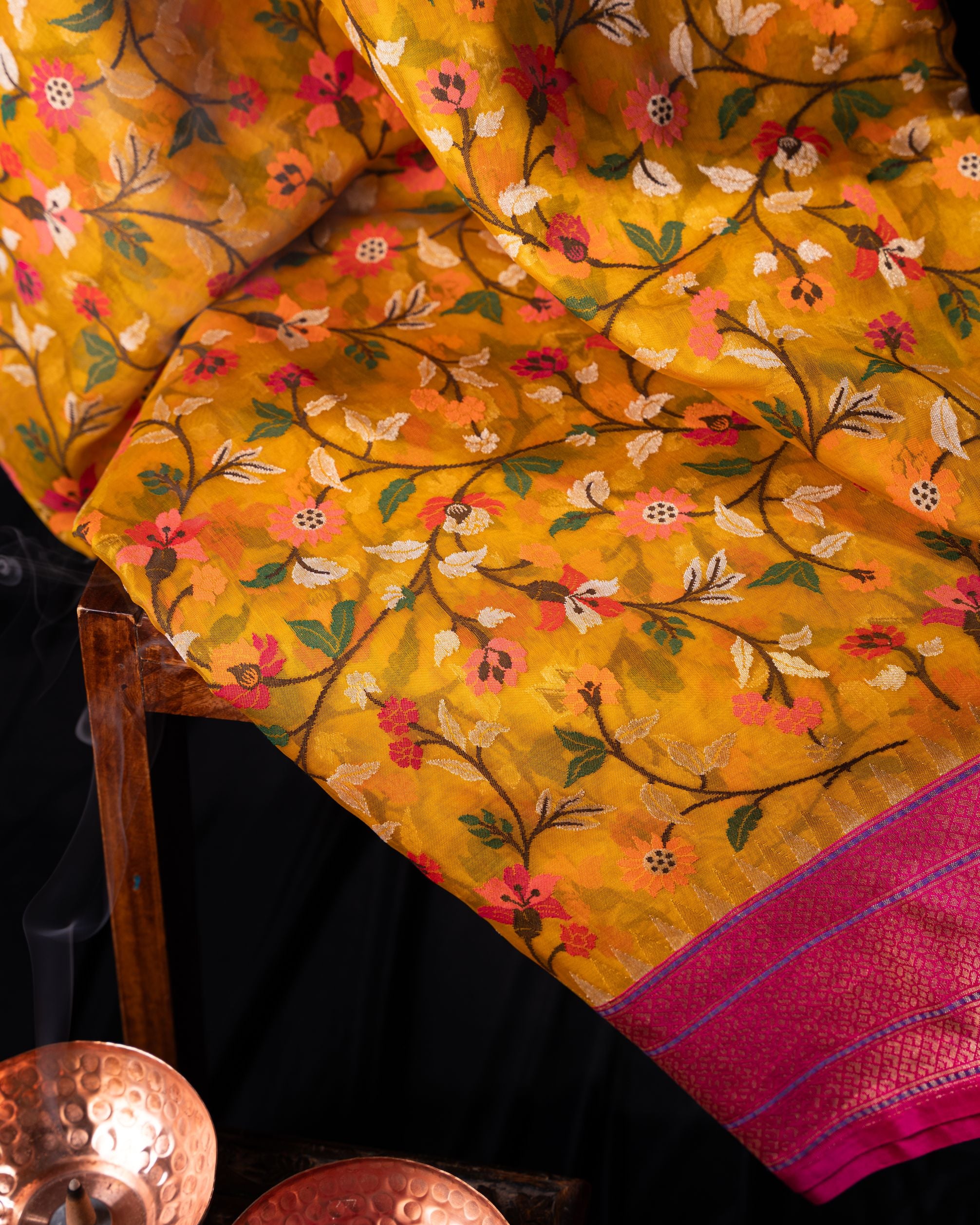 Banarasi Kora Organza Jamdani All Over Mustard Yellow Saree
