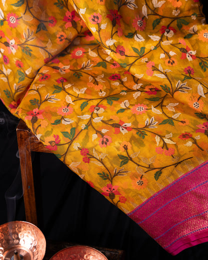 Banarasi Kora Organza Jamdani All Over Mustard Yellow Saree