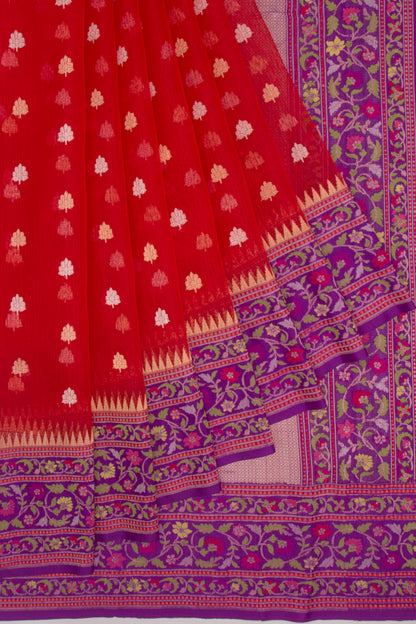 Banarasi Kora Organza Butta Red Saree