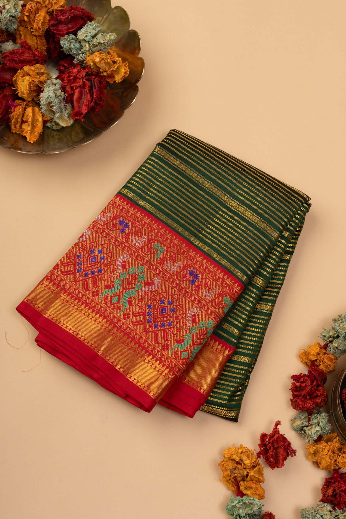 Kanchipuram Silk Horizontal Lines Dark Green Saree