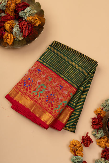 Kanchipuram Silk Horizontal Lines Dark Green Saree
