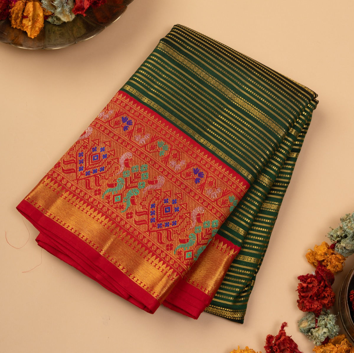Kanchipuram Silk Horizontal Lines Dark Green Saree