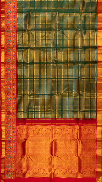 Kanchipuram Silk Horizontal Lines Dark Green Saree