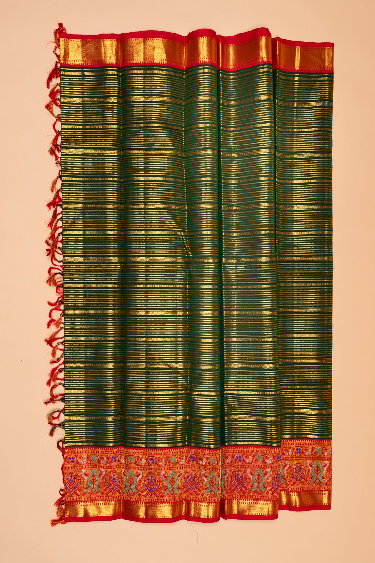 Kanchipuram Silk Horizontal Lines Dark Green Saree