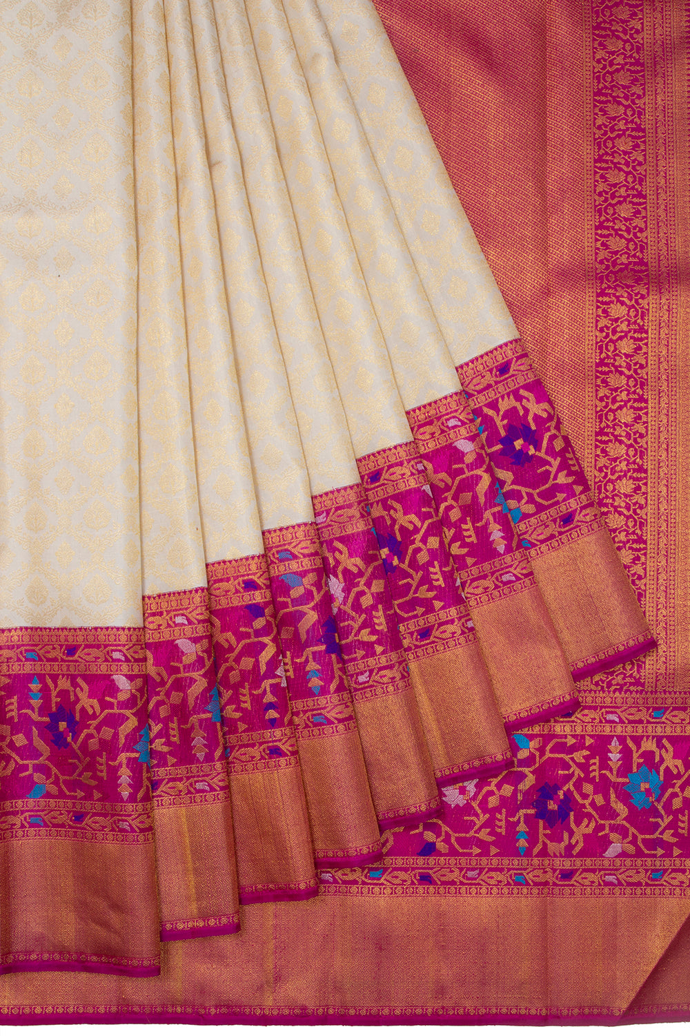 Kanchipuram Silk Jaal And Butta Cream Saree