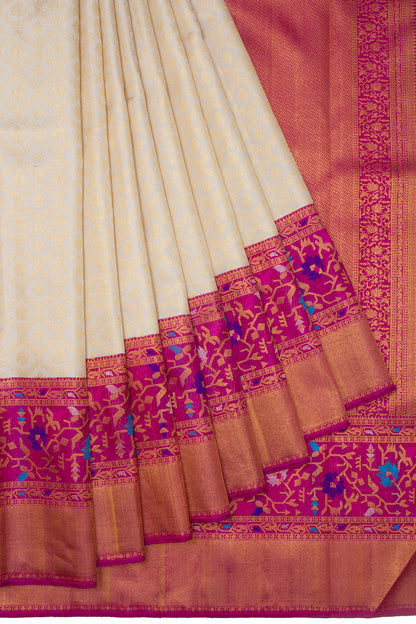 Kanchipuram Silk Jaal And Butta Cream Saree