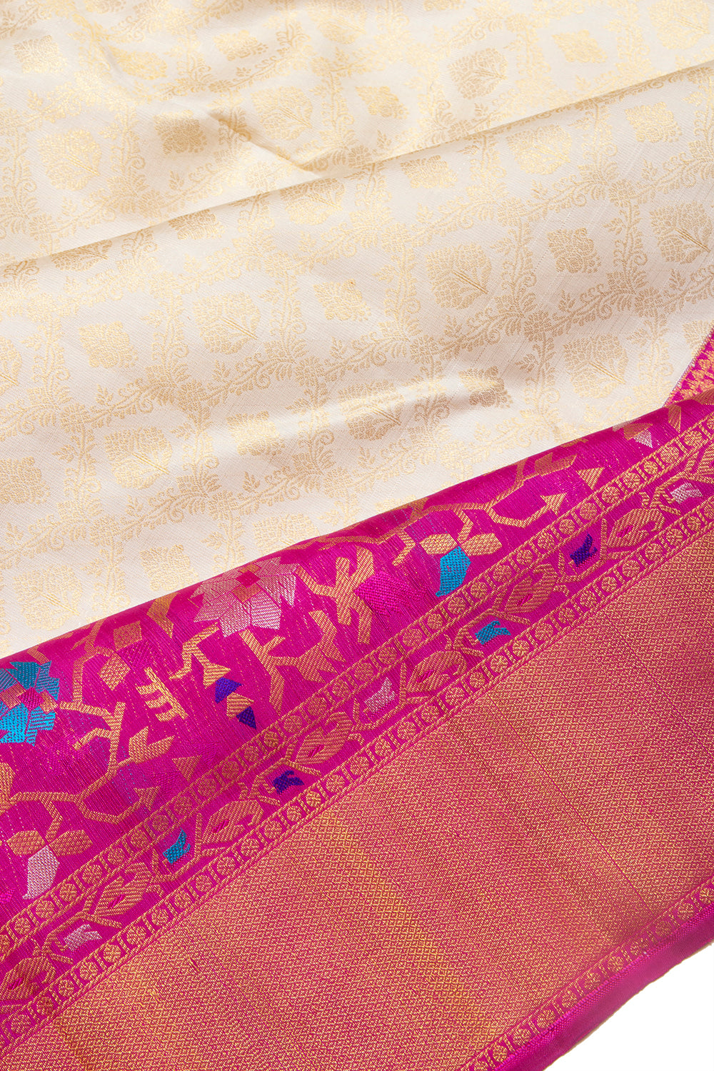 Kanchipuram Silk Jaal And Butta Cream Saree