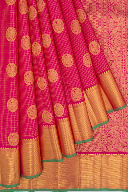 Kanchipuram Silk Checks And Butta Pink Saree