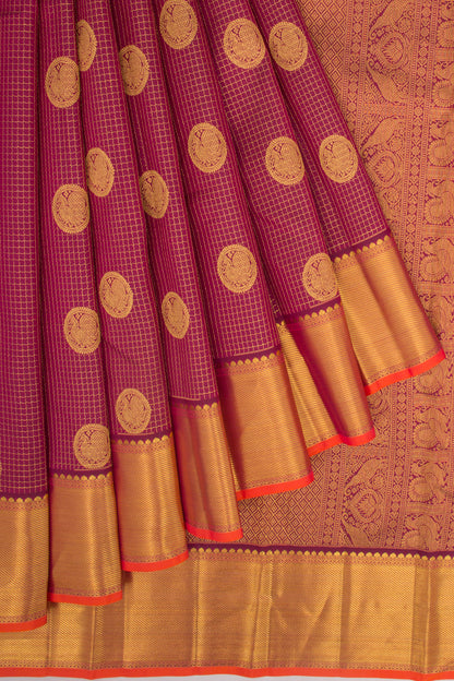 Kanchipuram Silk Checks And Butta Purple Saree