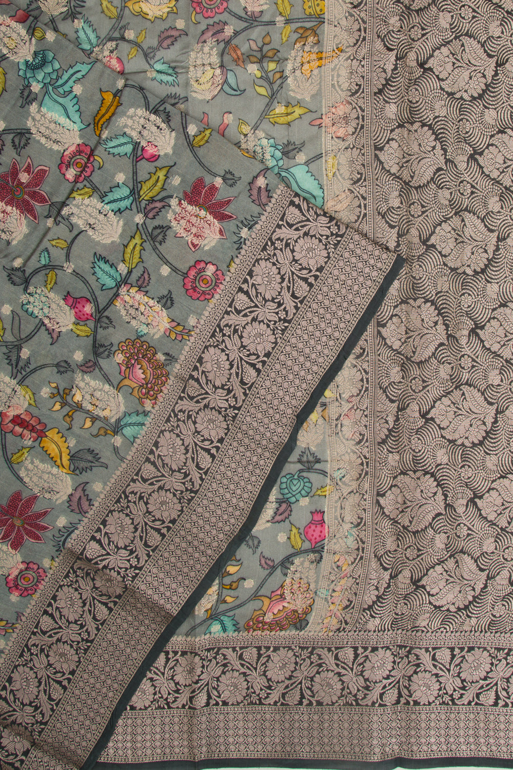 Chiniya Silk Floral Printed And Butta Elephant Grey Saree