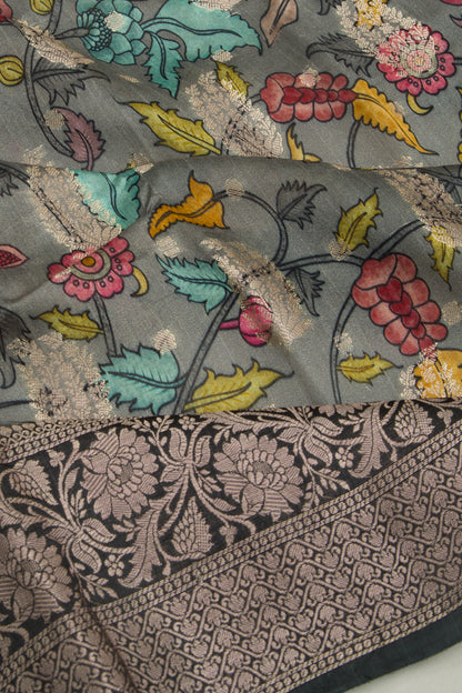 Chiniya Silk Floral Printed And Butta Elephant Grey Saree