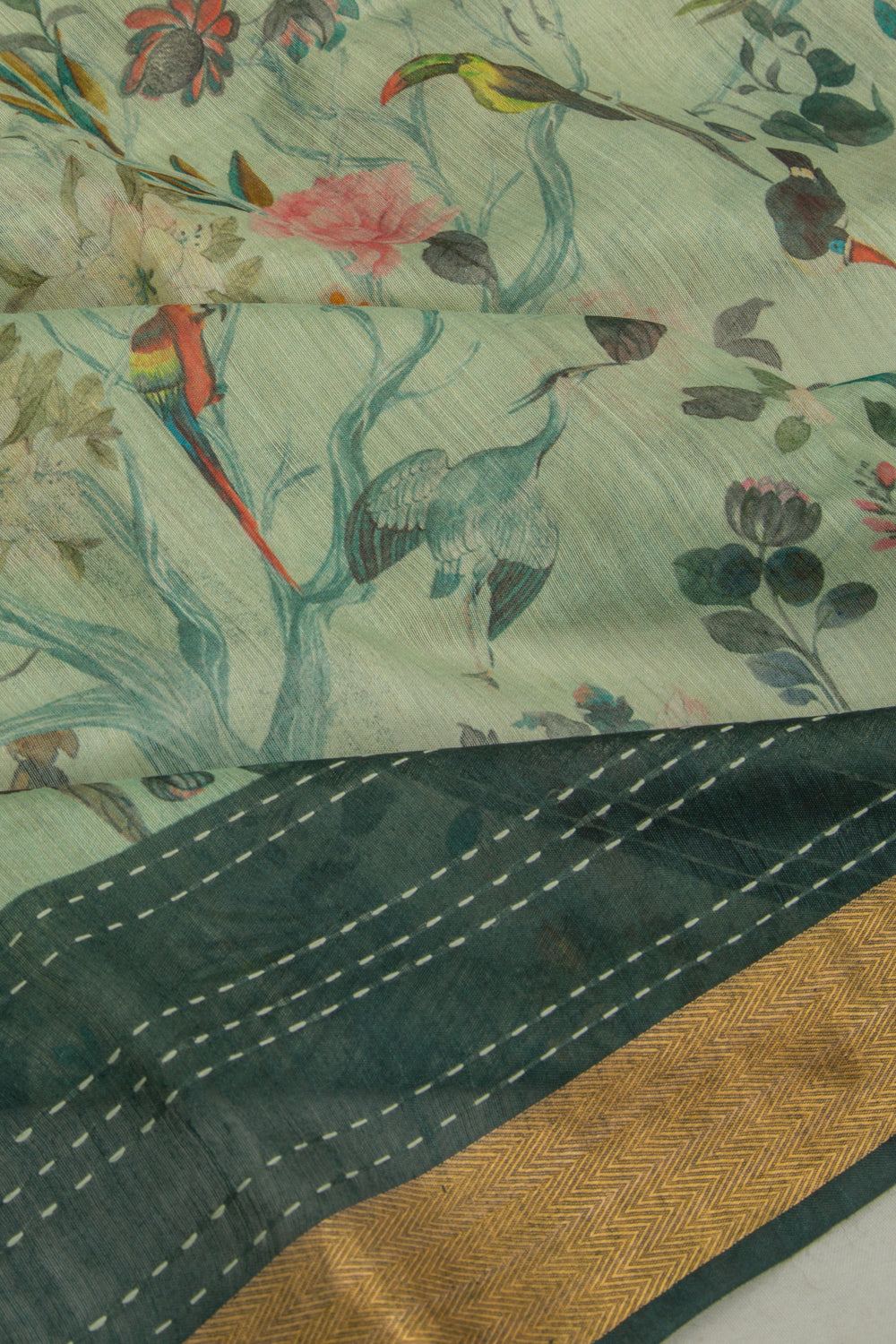 Chanderi Cotton Floral Printed Pastel Green Saree