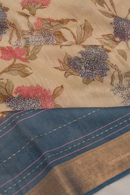 Chanderi Cotton Floral Printed Cream Saree