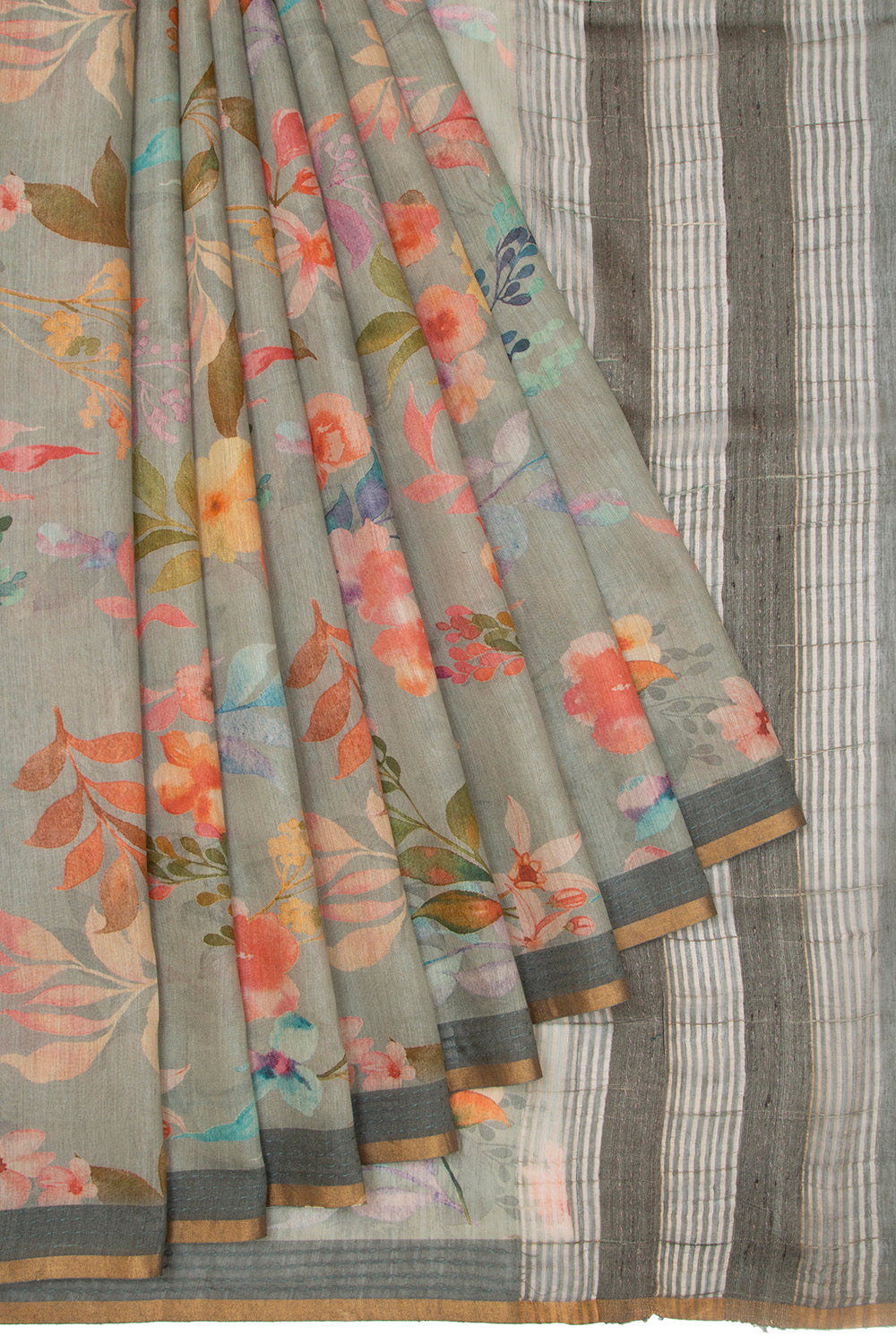 Chanderi Cotton Floral Printed Grey Saree
