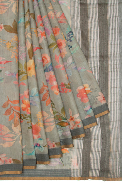 Chanderi Cotton Floral Printed Grey Saree