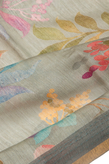 Chanderi Cotton Floral Printed Grey Saree