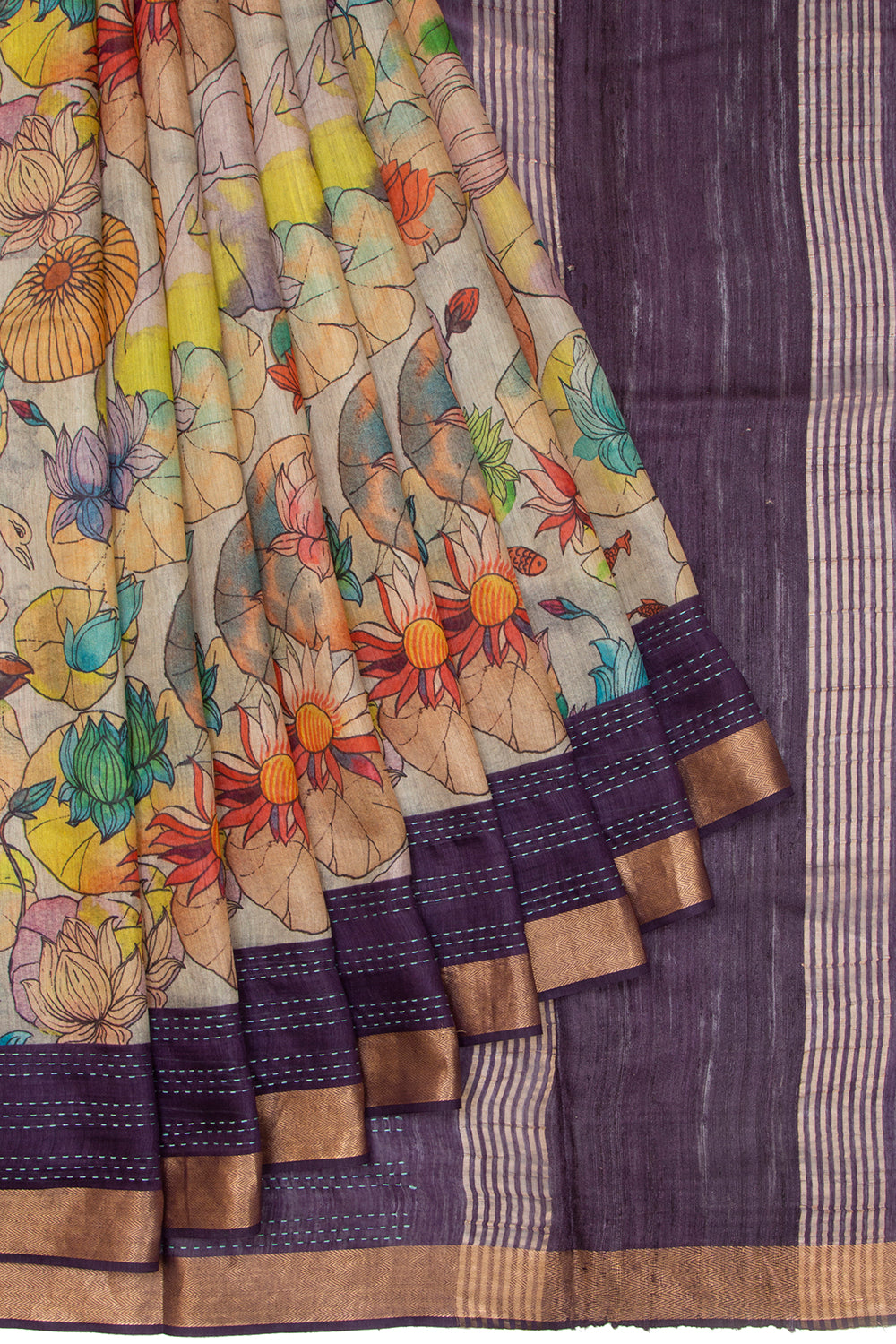 Chanderi Cotton Floral Printed Grey Saree