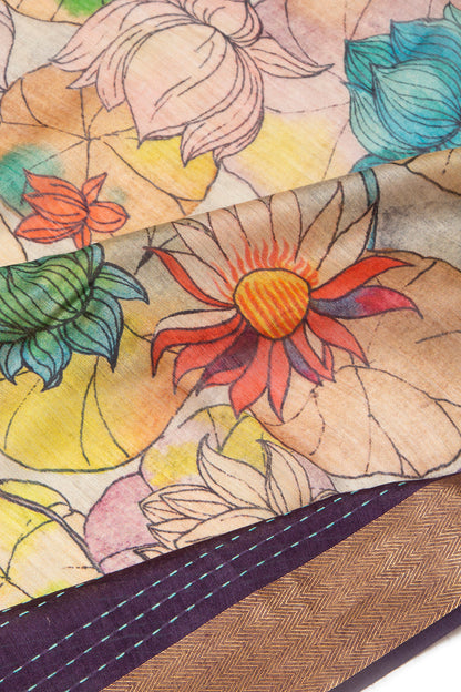 Chanderi Cotton Floral Printed Grey Saree