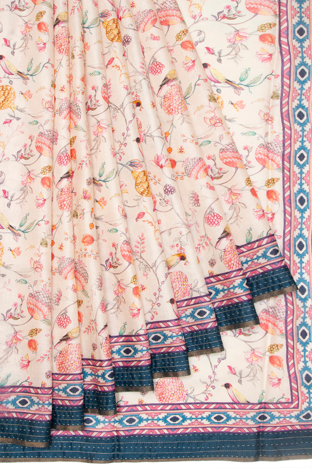 Chanderi Cotton Floral Printed Cream Saree