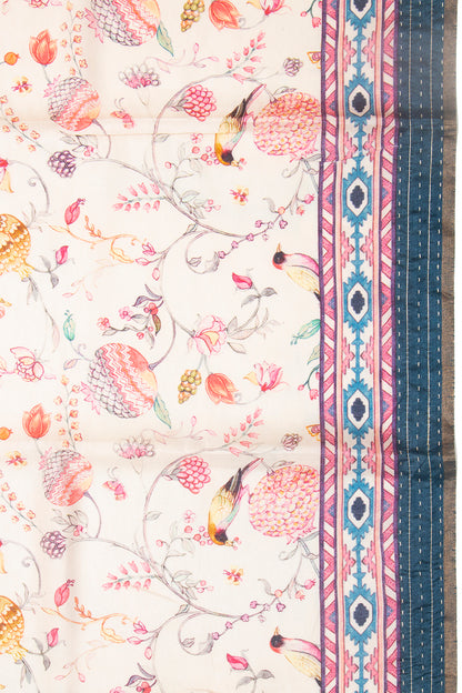 Chanderi Cotton Floral Printed Cream Saree