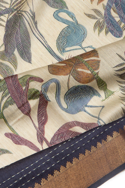 Chanderi Cotton Floral Printed Cream Saree