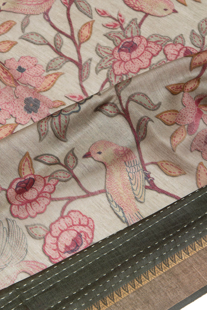 Chanderi Cotton Floral Printed Cream Saree