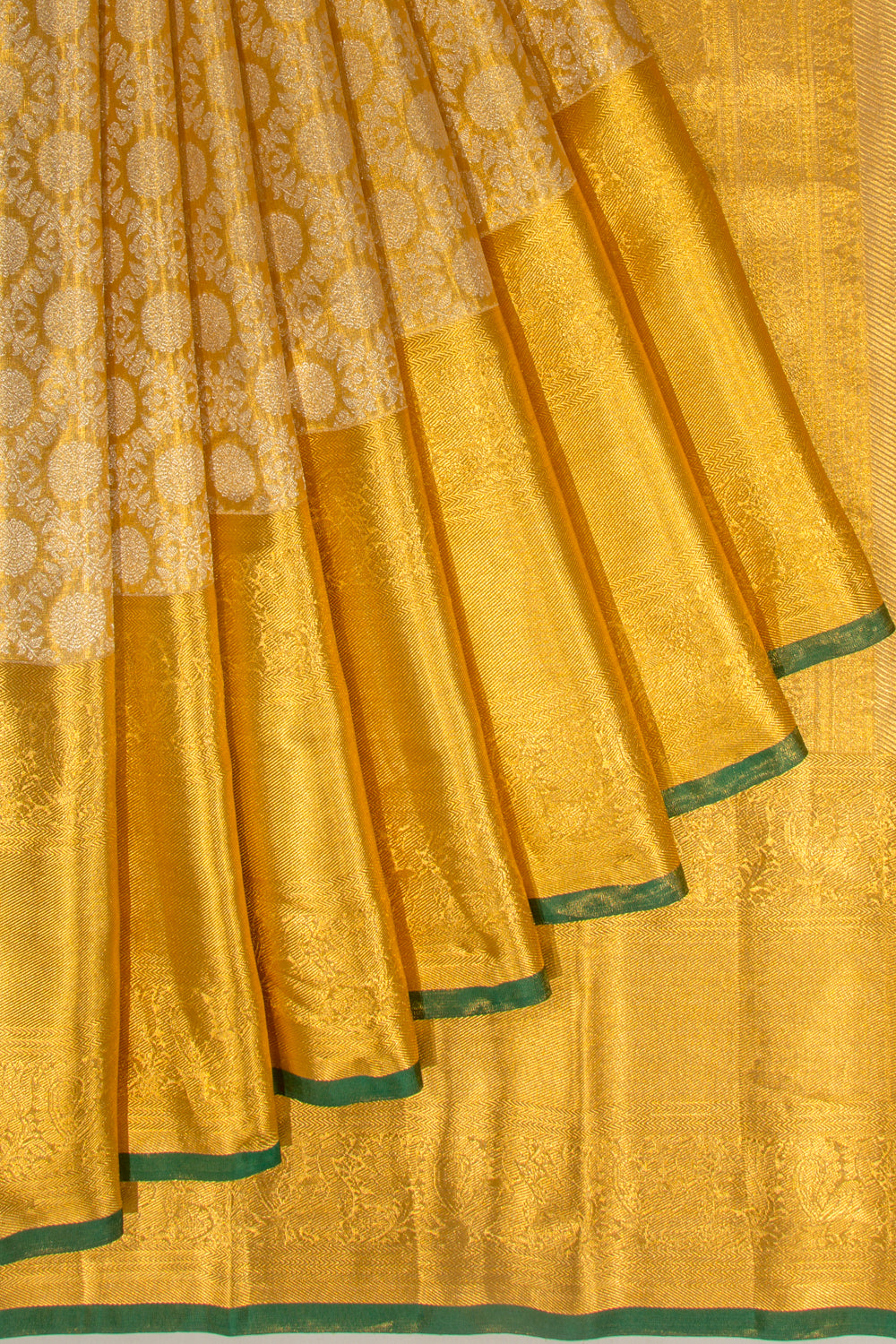 Kanchipuram Silk Tissue Jaal And Butta Gold Saree