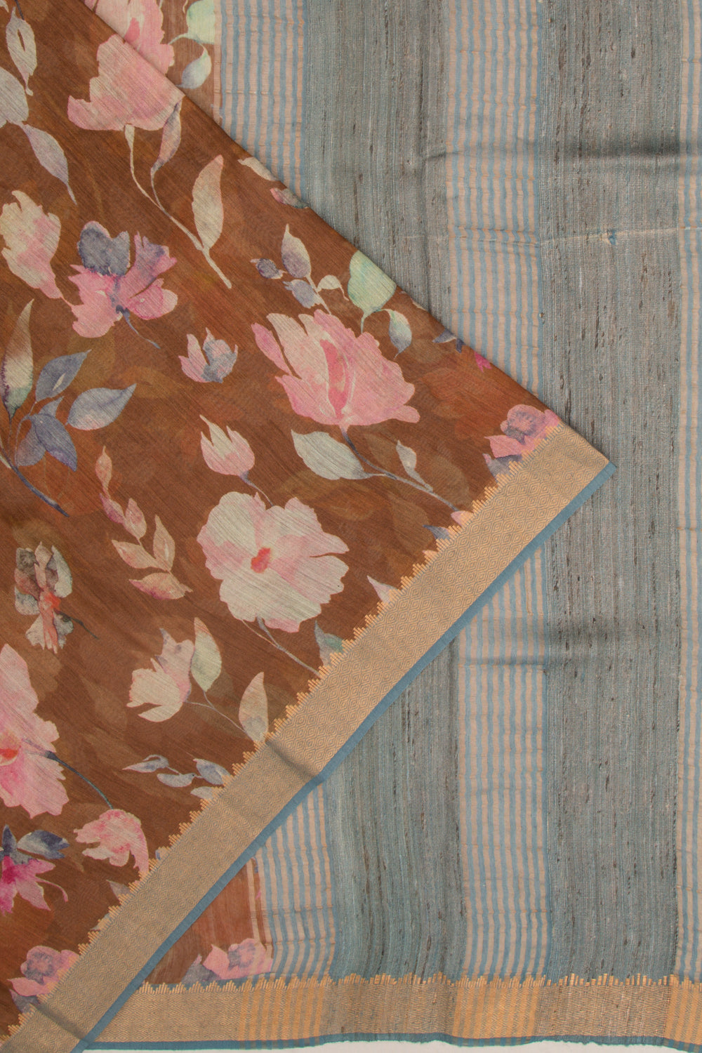 Chanderi Cotton Floral Printed Brown Saree