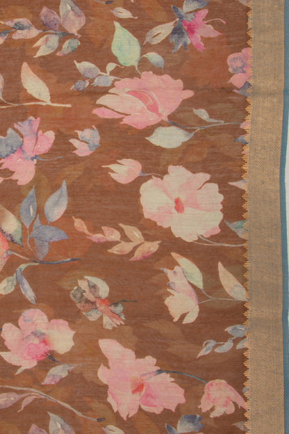 Chanderi Cotton Floral Printed Brown Saree