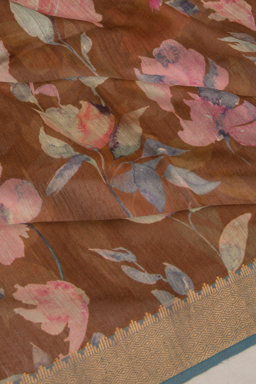 Chanderi Cotton Floral Printed Brown Saree