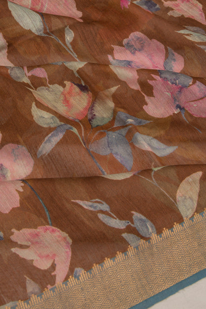 Chanderi Cotton Floral Printed Brown Saree