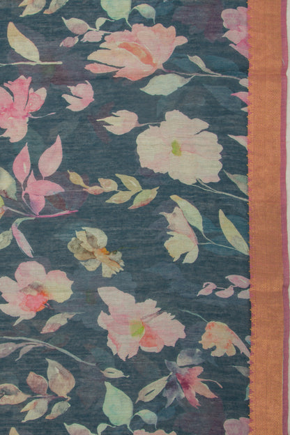Chanderi Cotton Floral Printed Blue Saree