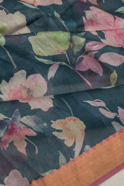 Chanderi Cotton Floral Printed Blue Saree