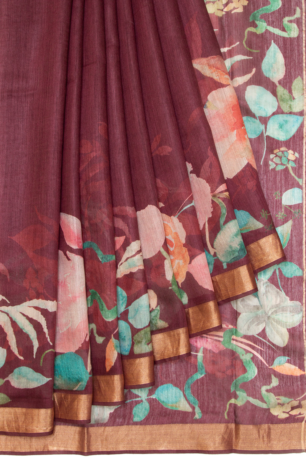 Chanderi Cotton Floral Printed Burgundy Saree
