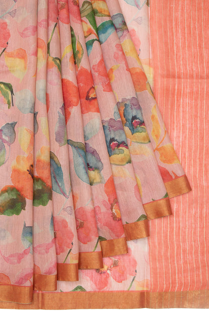 Chanderi Cotton Floral Printed Baby Pink Saree