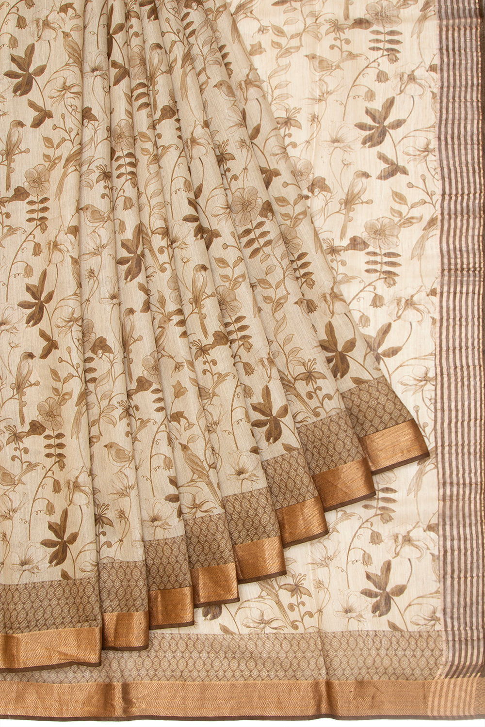 Chanderi Cotton Floral Printed Beige Saree