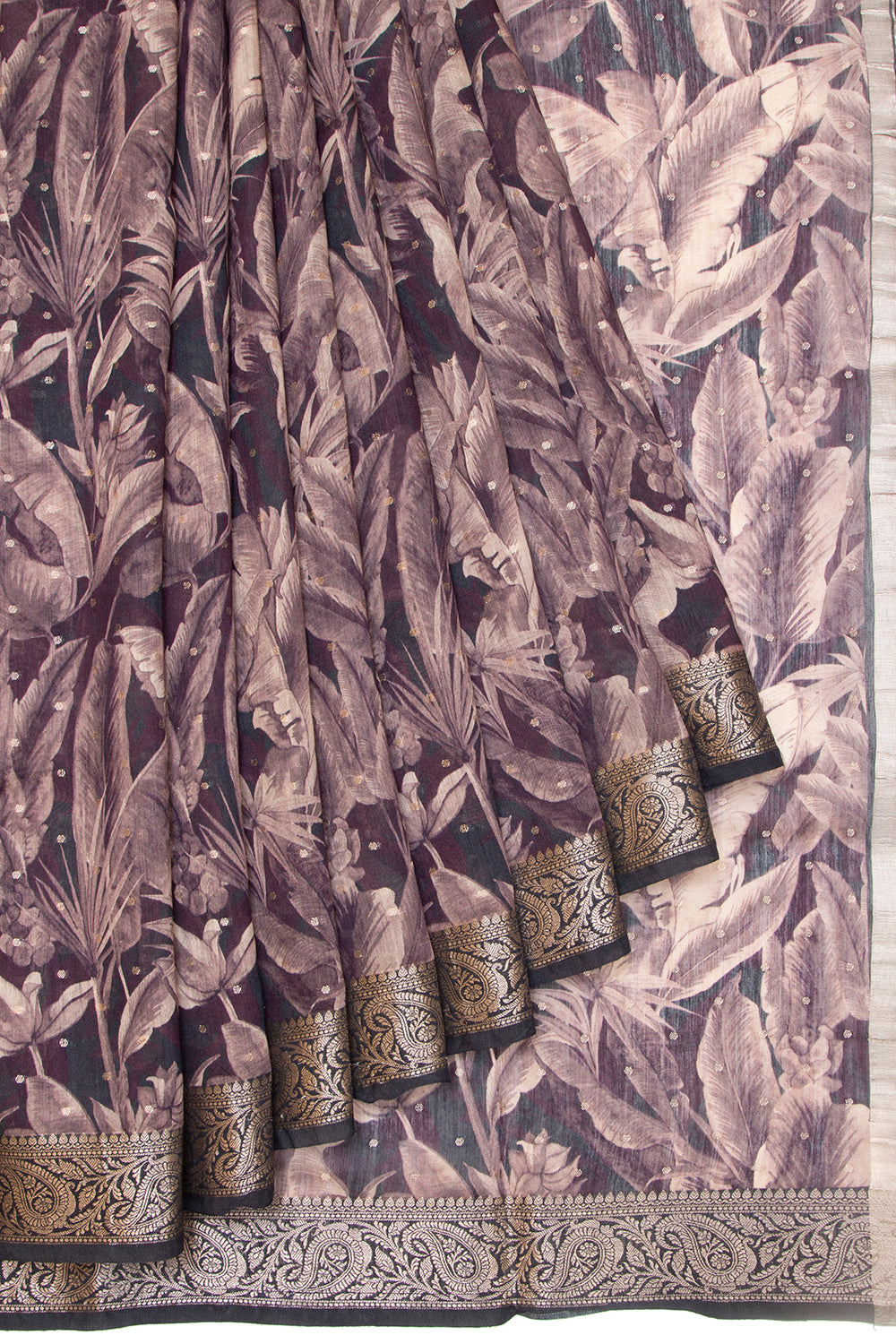 Chanderi Cotton Floral Printed Black And Burgundy Saree