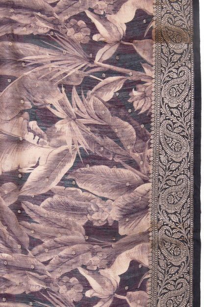Chanderi Cotton Floral Printed Black And Burgundy Saree