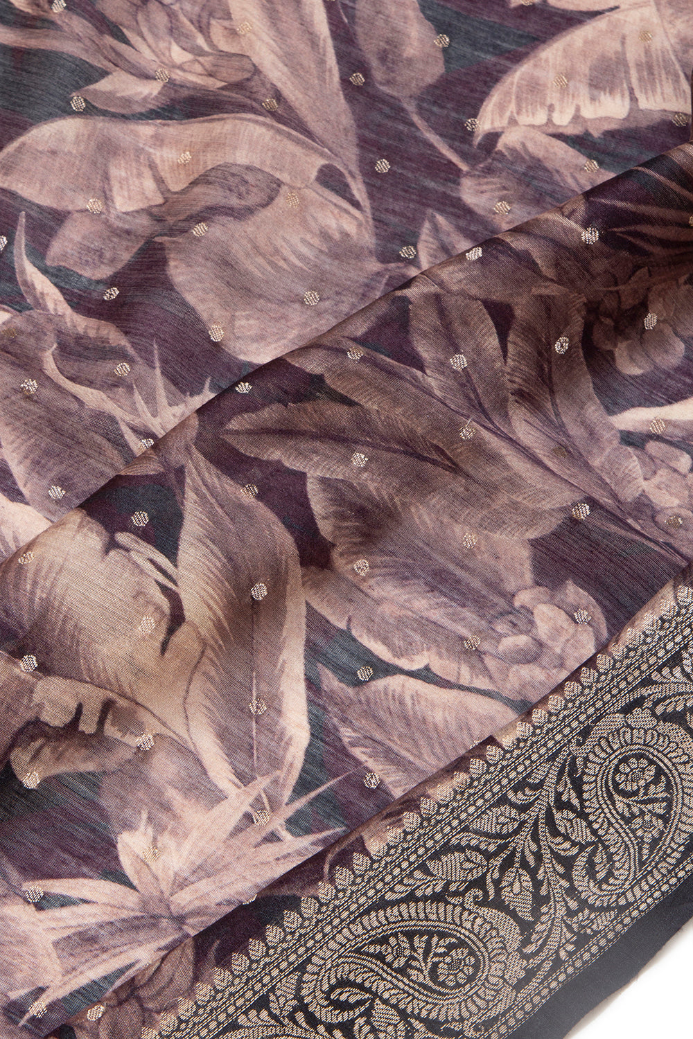 Chanderi Cotton Floral Printed Black And Burgundy Saree