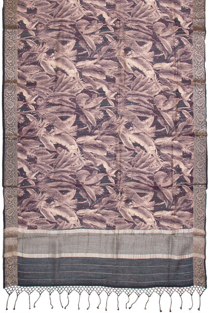 Chanderi Cotton Floral Printed Black And Burgundy Saree