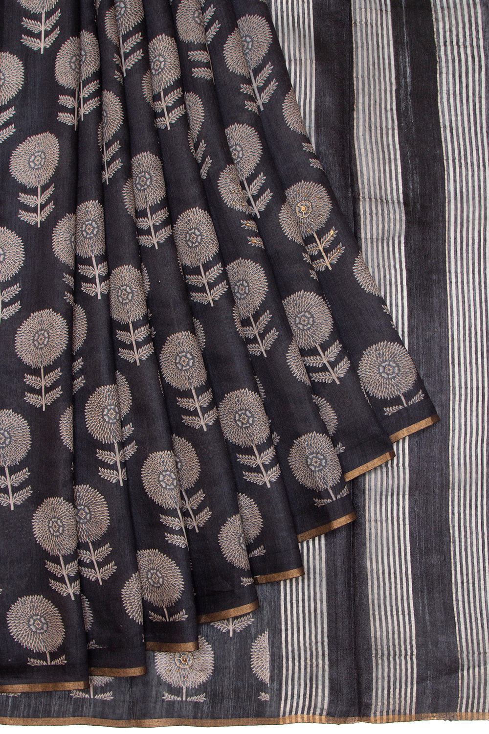 Munga Tussar Floral Printed Black Saree