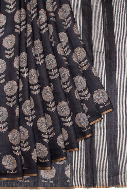Munga Tussar Floral Printed Black Saree