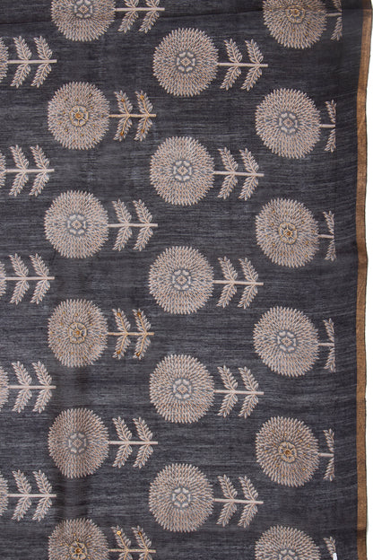 Munga Tussar Floral Printed Black Saree